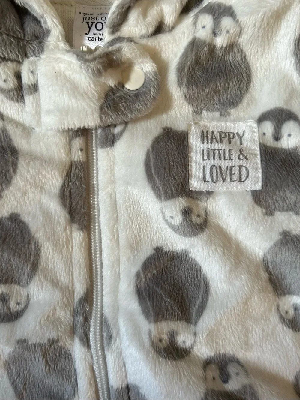 Carter’s Newborn White & Gray Penguin Zip Up Soft Warm Baby Winter Bodysuit